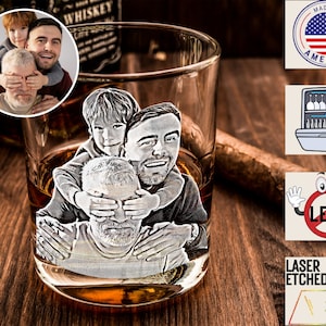 Etched Picture Rocks Glass, Personalized Whiskey Glasses, Bourbon Decanter Glass, Personalized Gift for Men, Father&#39;s Day, Christmas Gifts