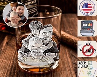 Etched Picture Rocks Glass, Personalized Whiskey Glasses, Bourbon Decanter Glass, Personalized Gift for Men, Father's Day, Mother's day Gift
