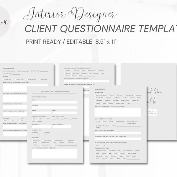 Modèle canva de questionnaire client, personnalisable, prêt à imprimer, présentation du client, questionnaire, client architecte d'intérieur, document A4