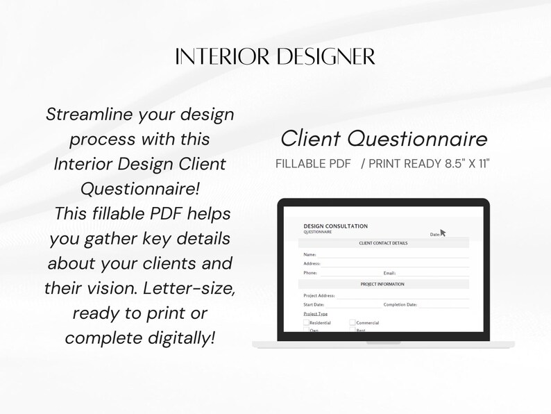 Interior Design Client Questionnaire – Fillable PDF Template, A4 ...