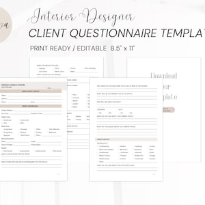 May include: A printable interior designer client questionnaire template. The template includes sections for project information, design preferences, and client details. The document is print-ready and editable, sized at 21.6 x 27.9 cm. The Canva logo is visible in the upper left corner.