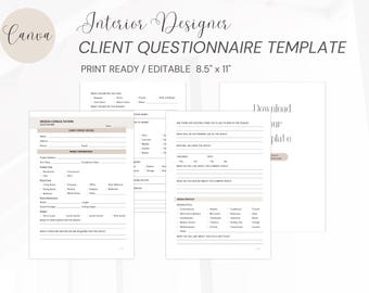 Client Questionnaire Canva Template, Customizable, Client Intro, Questionnaire, Interior Designer Client, Client Interior, A4 Document