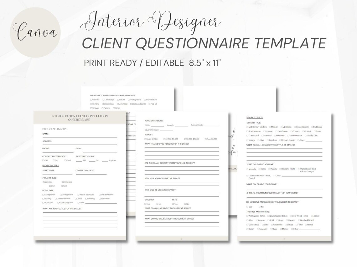 Client Questionnaire Canva Template, Customizable, Print Ready, Client
