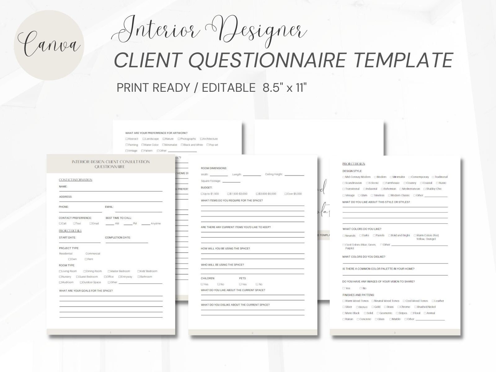 Client Questionnaire Canva Template, Customizable, Print Ready, Client