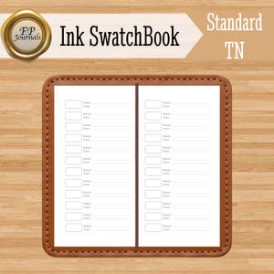May include: A brown leather-bound notebook with a white interior featuring two columns of printed templates for ink swatching. Each entry includes boxes for brand and color names. The top banner displays the text Ink SwatchBook and Standard TN.