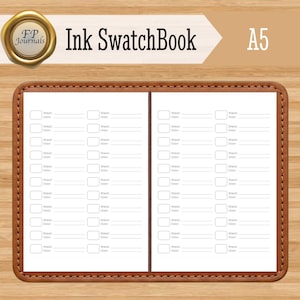 May include: An A5 Ink SwatchBook with a brown leather-like cover featuring visible stitching. The open pages display a grid layout with blank fields for Brand and Color, alongside small rectangular boxes for ink testing, labeled FP Journals.