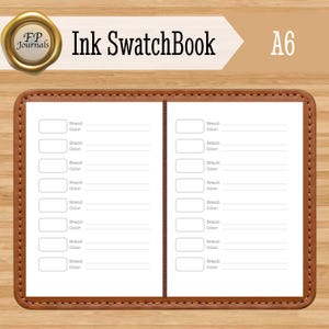 May include: An A6 Ink SwatchBook with a brown leather-like cover featuring stitched edges. The open interior displays two white pages with printed fields for Brand and Color, each accompanied by a rectangular box for ink testing samples.