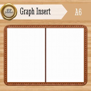 Könnte beinhalten: A6-Grafikeinsatz mit braunem, lederähnlichem Rand. Der Einsatz hat ein Rastermuster auf weißem Papier. Der Text "Graph Insert" steht über dem Einsatz, und "A6" steht rechts. Das FP Journals-Logo befindet sich oben links.