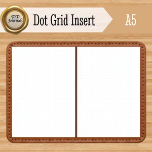 May include: A5 dot grid insert with a brown leather-effect cover. The insert has a white interior with a dot grid pattern and a vertical brown line. The text "Dot Grid Insert" is displayed at the top.