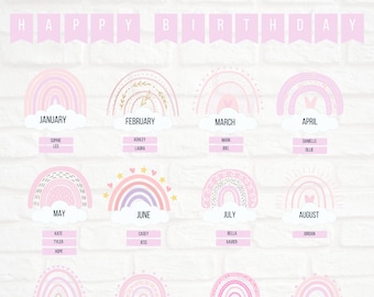 Boho Rainbow Classroom Birthday Display | Pink Decor (PDF)