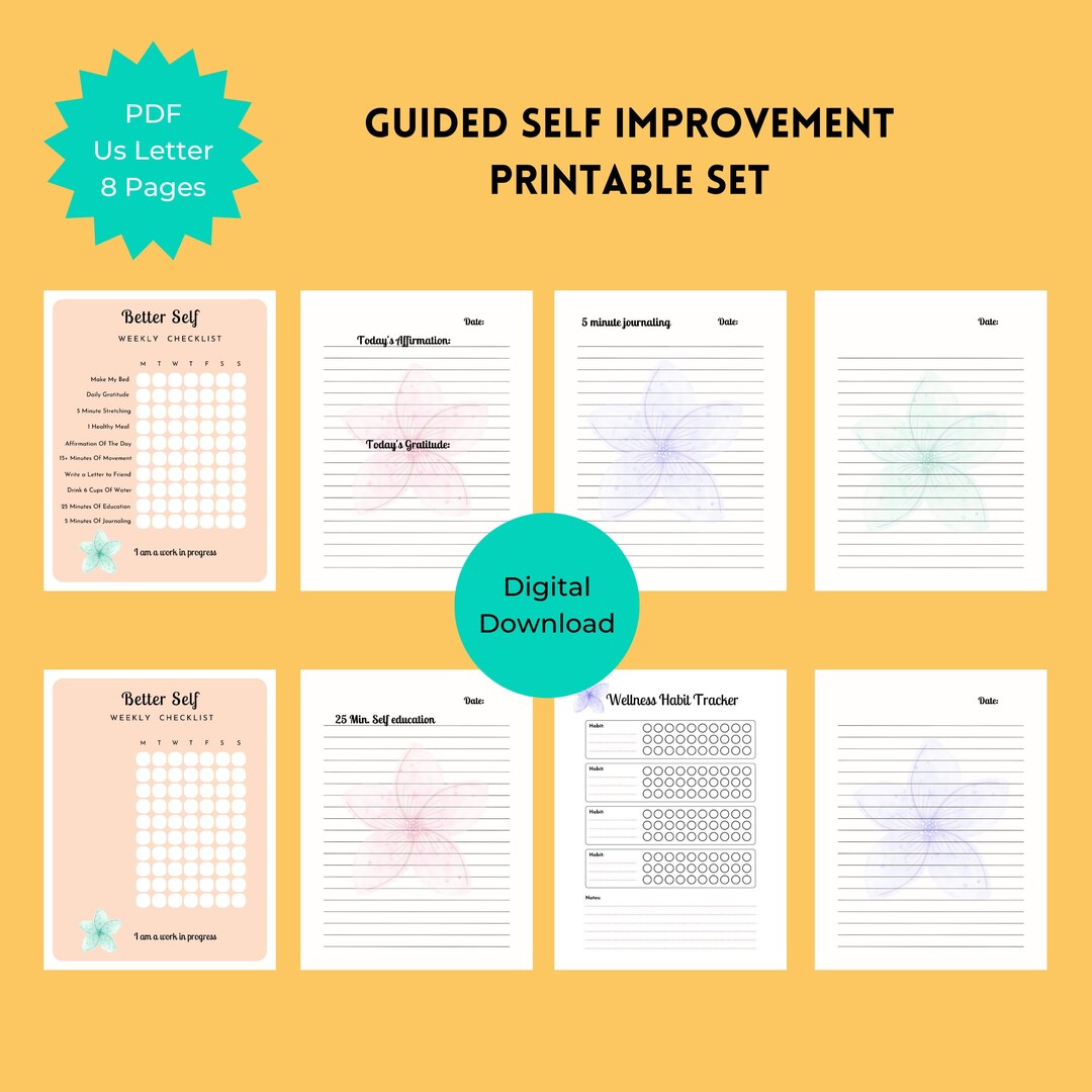 Floral Self Improvement Planner Set: Habit Tracker, Affirmations (PDF ...