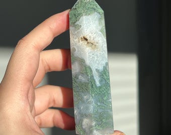 Druzy pocket Moss Agate tower Moss Agate Point, Natural crystal obelisk, mineral specimen crystal, AAA Grade quality moss agate, green agate