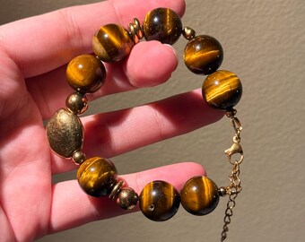 Chunky Natural Tiger’s Eye Beaded Bracelet with Gold Accents | Protection Confidence Crystal Bracelet | Men Women Healing stone Jewelry gift