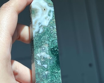 Druzy dark Moss Agate tower, Moss Agate Point, Natural crystal obelisk, mineral specimen crystal, AAA Grade quality moss agate, green agate