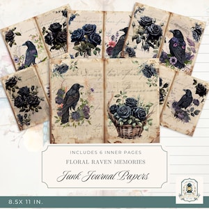 Black Floral Raven Junk Journal Pages, Printable Junk Journal Kit, 11x8.5&quot; Digital Download, 300 DPI, Raven Ephemera, Scrapbook Paper