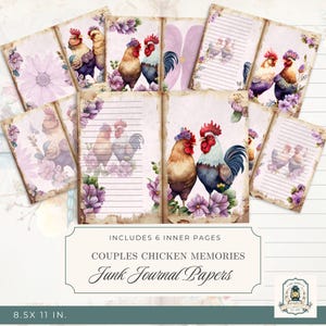 Couple Chickens Junk Journal Pages | Printable Junk Journal Kit | 11x8.5&quot; Digital Download|300 DPI | Chicken Ephemera |Scrapbook Paper