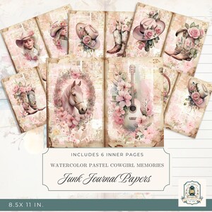 Watercolor Cowgirl Junk Journal Pages, Printable Junk Journal Kit, 11x8.5&quot; Digital Download, 300 DPI, Western Ephemera, Scrapbook Paper