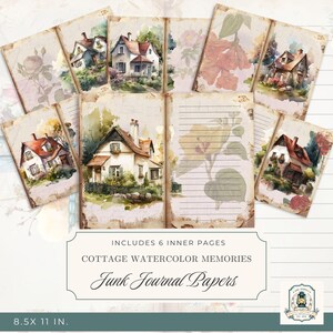 Cottage Watercolor Junk Journal Pages | Printable Junk Journal Kit | 11x8.5&quot; Digital Download |300 DPI | Cottage Ephemera |Scrapbook Paper
