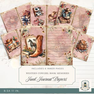 Western Cowgirl Book Junk Journal Pages, Printable Junk Journal Kit, 11x8.5&quot; Digital Download, 300 DPI, Western Ephemera, Scrapbook Paper