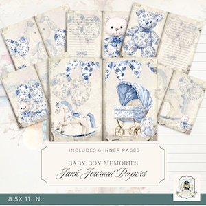 Baby Boy Junk Journal Pages | Printable Junk Journal Kit | 11x8.5" Digital Download | 300 DPI | Blue Chinoiserie Ephemera | Scrapbook Paper