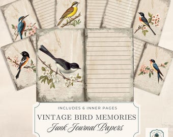 Vintage Birds Junk Journal Pages, Lined Writing Paper, Bird Ephemera Printable, Set of 6 (Digital Download)