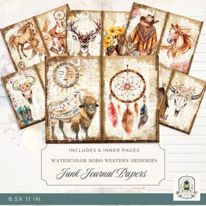 Watercolor Western Boho Junk Journal Pages, Printable Junk Journal Kit, 11x8.5&quot; Digital Download, 300 DPI, Boho Ephemera, Scrapbook Paper