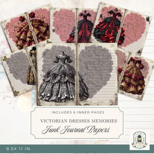 Victorian Dresses Junk Journal Pages | Printable Junk Journal Kit | 11x8.5&quot; Digital Download|300 DPI | Victorian Ephemera |Scrapbook Paper