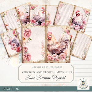 Chickens & Flowers Junk Journal Pages | Printable Junk Journal Kit | 11x8.5&quot; Digital Download|300 DPI | Chicken Ephemera |Scrapbook Paper