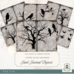 Gothic Raven Junk Journal Pages, Printable Junk Journal Kit, 11x8.5&quot; Digital Download, 300 DPI, Raven Ephemera, Scrapbook Paper