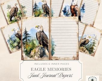 May include: Set of vintage-style journal papers featuring watercolor illustrations of bald eagles perched on rocks. The pages have lined interiors and distressed edges. The text reads "EAGLE MEMORIES Junk Journal Papers" and "8.5X 11 IN."