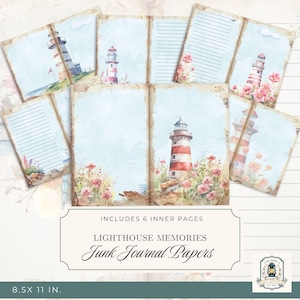 Lighthouse Junk Journal Pages | Printable Junk Journal Kit | 11x8.5&quot; Digital Download | 300 DPI | Lighthouse Ephemera | Scrapbook Paper