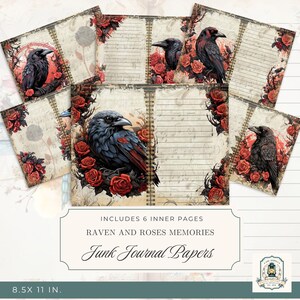 Raven and Roses Junk Journal Pages, Printable Junk Journal Kit, 11x8.5&quot; Digital Download, 300 DPI, Raven Ephemera, Scrapbook Paper