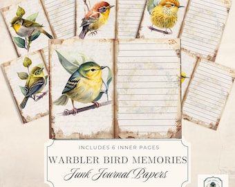 May include: A set of six junk journal pages featuring watercolor illustrations of warbler birds perched on branches. The pages have a vintage, aged appearance with lined paper and the text "WARBLER BIRD MEMORIES Junk Journal Papers". Each page measures 8.5 x 11 inches.