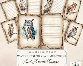 May include: A set of junk journal papers featuring watercolor owl illustrations. The pages have a vintage, aged look with torn edges and lined paper. The text on the image reads "Water Color Owl Memories" and "Junk Journal Papers". The pages measure 8.5 x 11 inches.
