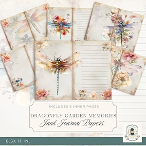 Dragonfly Junk Journal Pages | Printable Junk Journal Kit | 11x8.5&quot; Digital Download | 300 DPI | Dragonfly Ephemera | Scrapbook Paper
