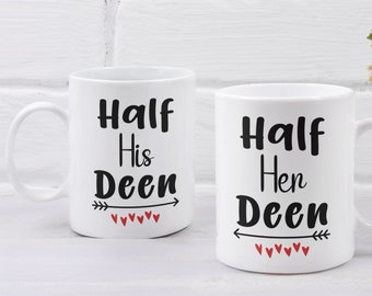 Half His Deen and Half Her Deen Coffee Mug Set, Islamic Wedding Mugs Gifts, Muslim Couples Gift Set, Nikkah Cup Set, Couples Matching Gifts