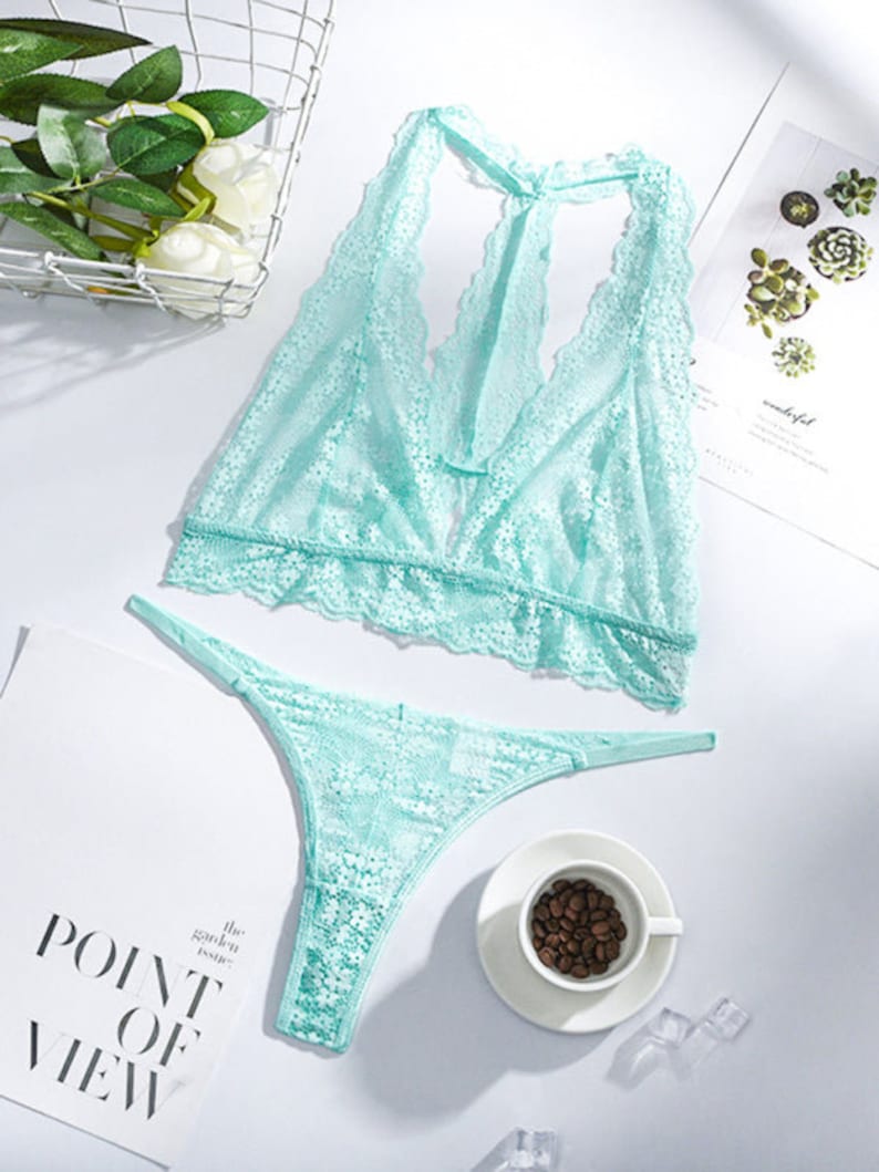 Blue Embroidered Sheer Lace Lingerie Set – 2-Piece Bra & Panty main image 0
