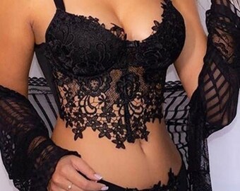 Spaghetti Straps Crochet Lace Hollow Out Bra Thong Lingerie Set