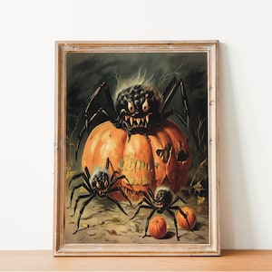 Large evil spiders crawling on pumpkin Halloween print, spooky season wall decor