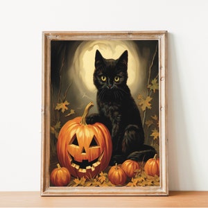 Black cat with pumpkin Halloween print, black and orange vintage aesthetic art, spooky season home decor