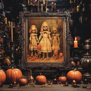 Trio di inquietanti bambole vintage stampa artistica di Halloween, decorazioni per la casa della stagione spettrale