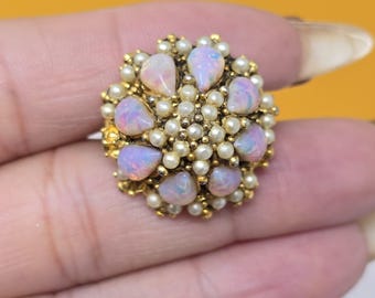 Huge Vintage Art Glass Opal & Faux Pearl Domed Ring Adjustable Gold Tone