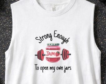 Camiseta de entrenamiento, camiseta de levantamiento de pesas para mujer, "Soy fuerte para abrir mis propios frascos", camiseta divertida para el gimnasio, camiseta de fitness