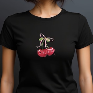 Coquette Baby Tee Cherry Fitted Shirt Pink Bow Shirt Baby Tee Teen Girl Shirt Coquette Clothing Coquette Pink Bow Baby Tee Trendy Baby Tee