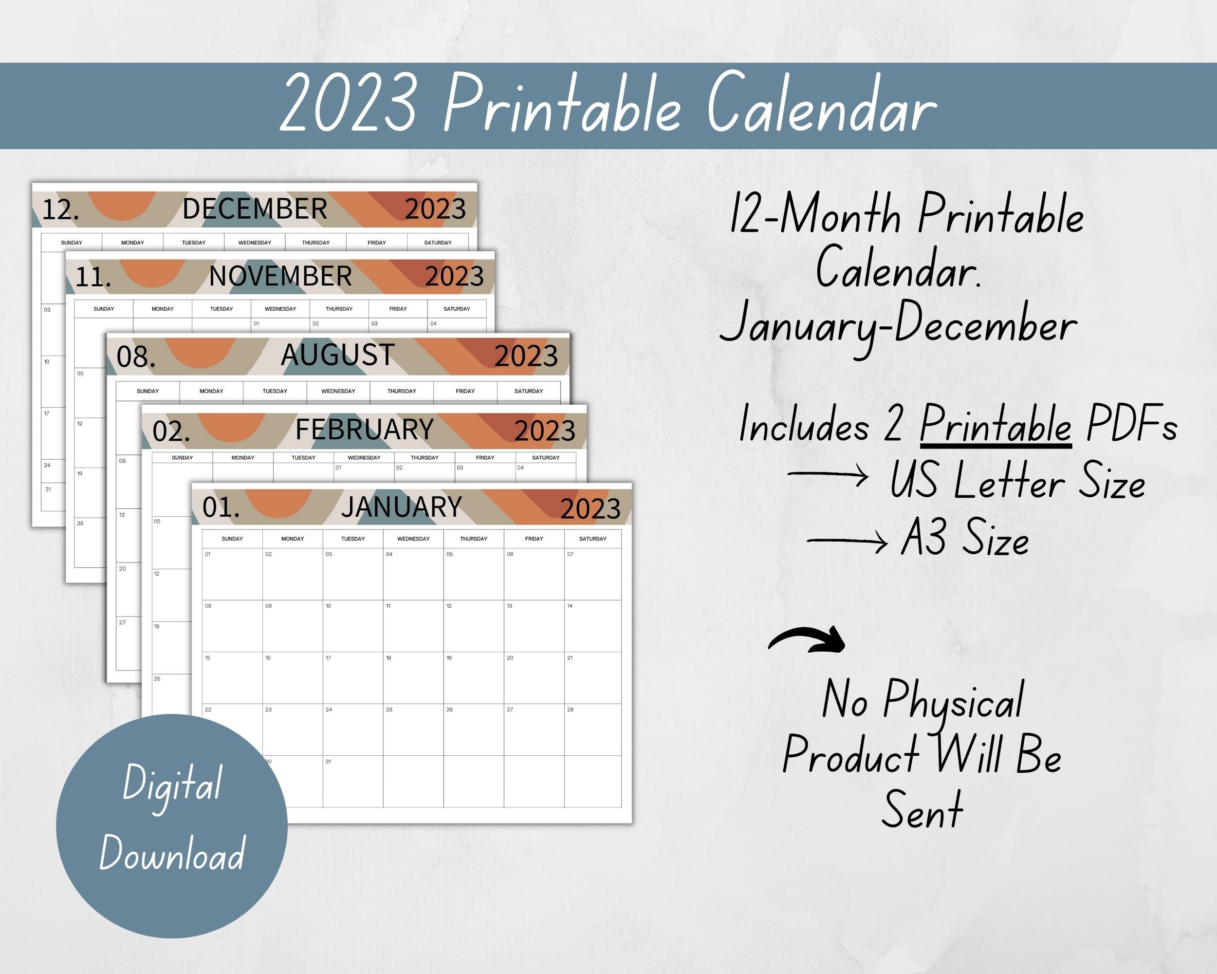 2023 Calendar Printable & Fillable PDF Landscape US Letter - Etsy