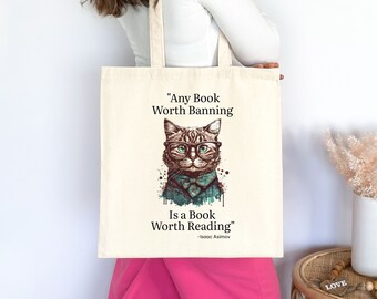 Banned Books Cat Lover Tote Bag: 100% Cotton Canvas Book Bag
