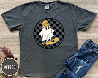 Retro Skater Ghost Shirt: Funny Halloween Comfort Colors Tee