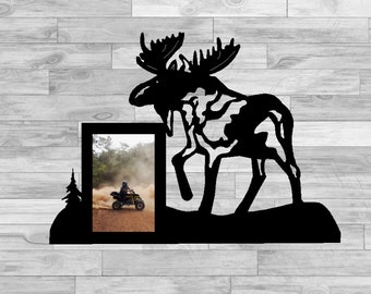 Metal Moose picture frame. Black steel frame displays a 4x6 or 5x7 photo. A perfect gift as Housewarming, Wedding, or Anniversary.