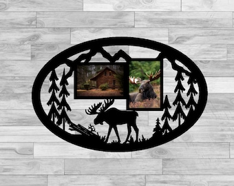 Metal Moose picture frame. Black steel frame displays two 4x6 photos. A perfect gift husband or boyfriend.