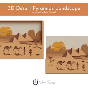 Puede incluir: Una escena de paisaje desértico en papelcraft 3D con pirámides, camellos y un sol poniente. La escena está enmarcada en un rectángulo marrón.